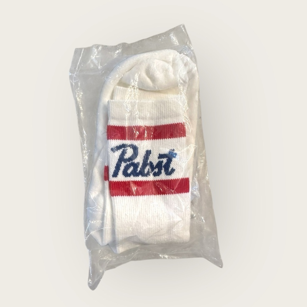 New PABST Blue Ribbon Mid Calf White Socks retro old school striped socks